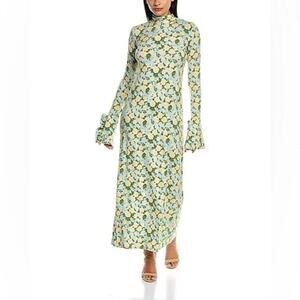 Les Rêveries Ruffle Cuff Floral Open-Back Maxi Dress Long Sleeve High Neck Sz M